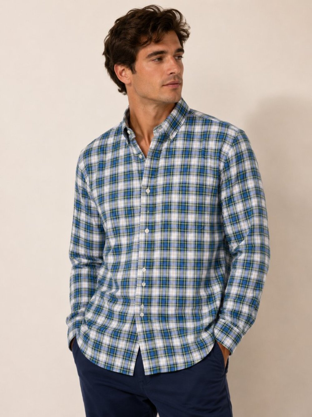 American Eagle Plaid Button-Up Shirt | Men’s XXL Tall | Blue Green Check Shirt